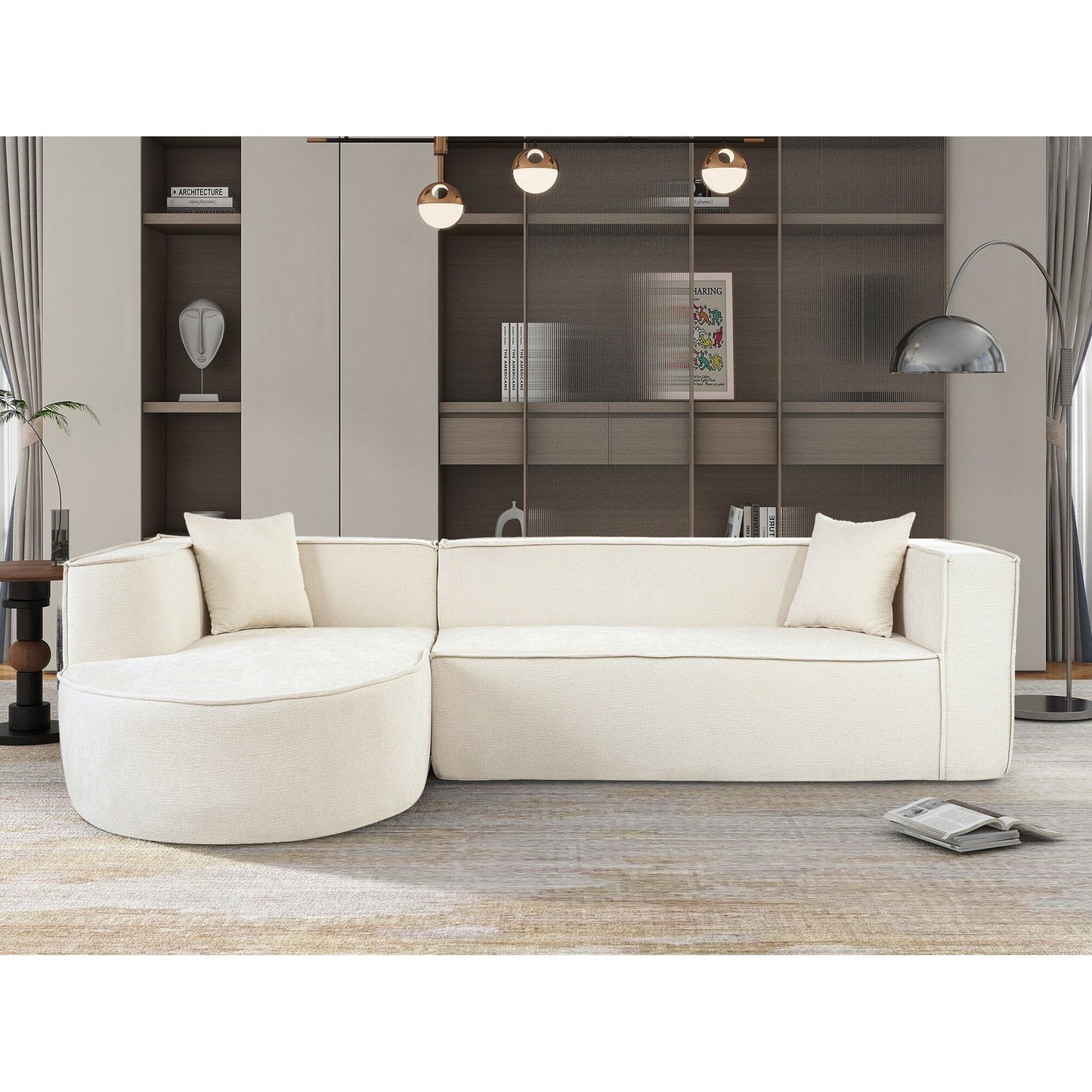 Divano componibile moderno curvo in ciniglia, divano modulare a L con 2 cuscini per soggiorno e studio