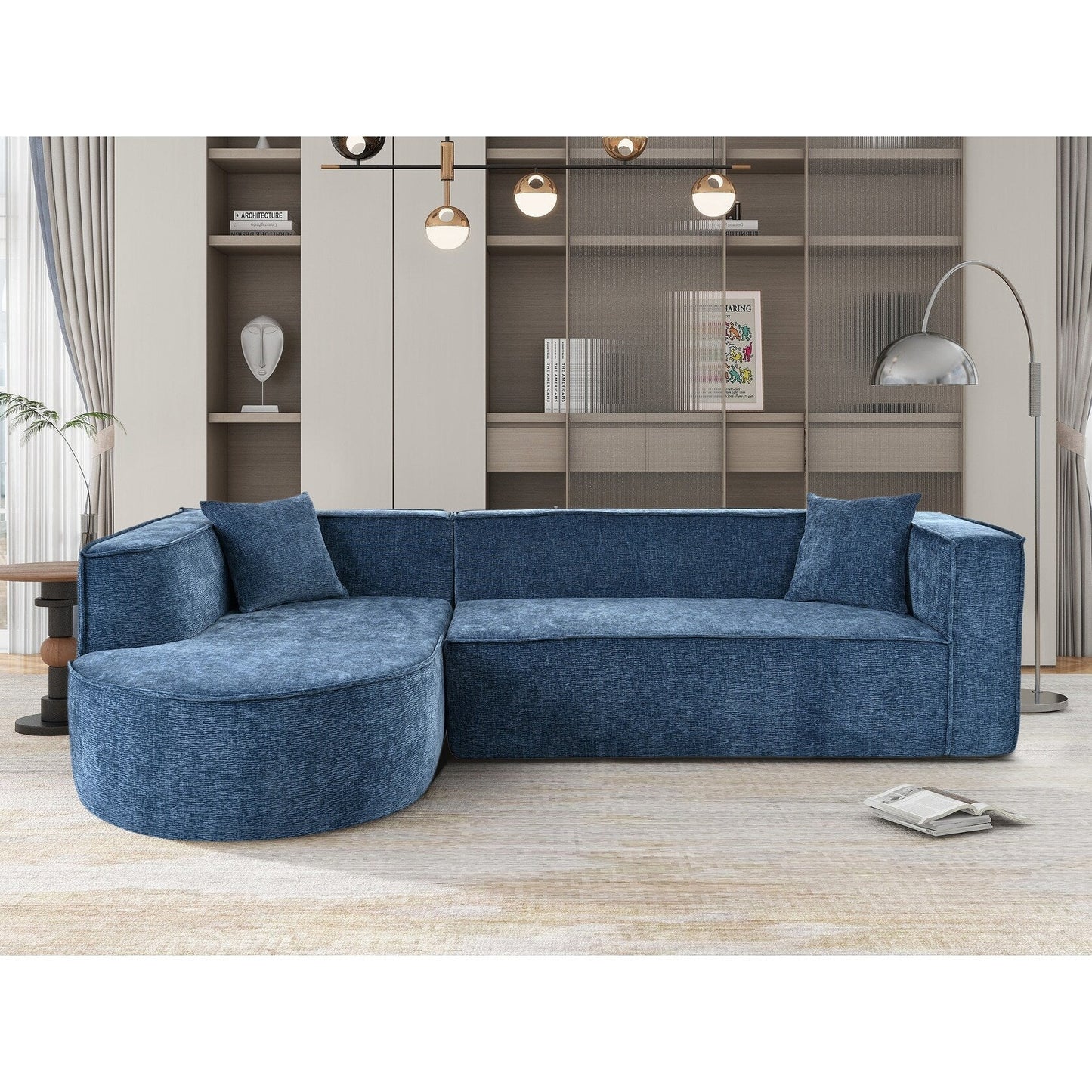 Divano componibile moderno curvo in ciniglia, divano modulare a L con 2 cuscini per soggiorno e studio