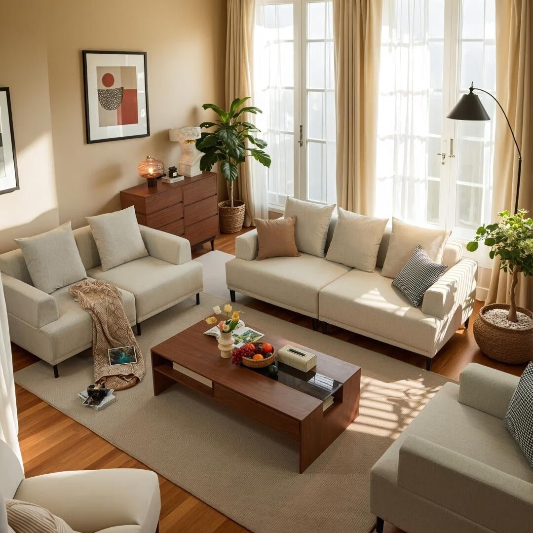 Divano moderno con seduta profonda, cuscini, gambe alte, comodo divano da soggiorno, divano da appartamento