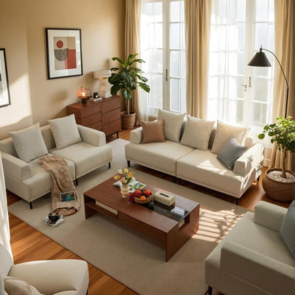 Divano moderno con seduta profonda, cuscini, gambe alte, comodo divano da soggiorno, divano da appartamento