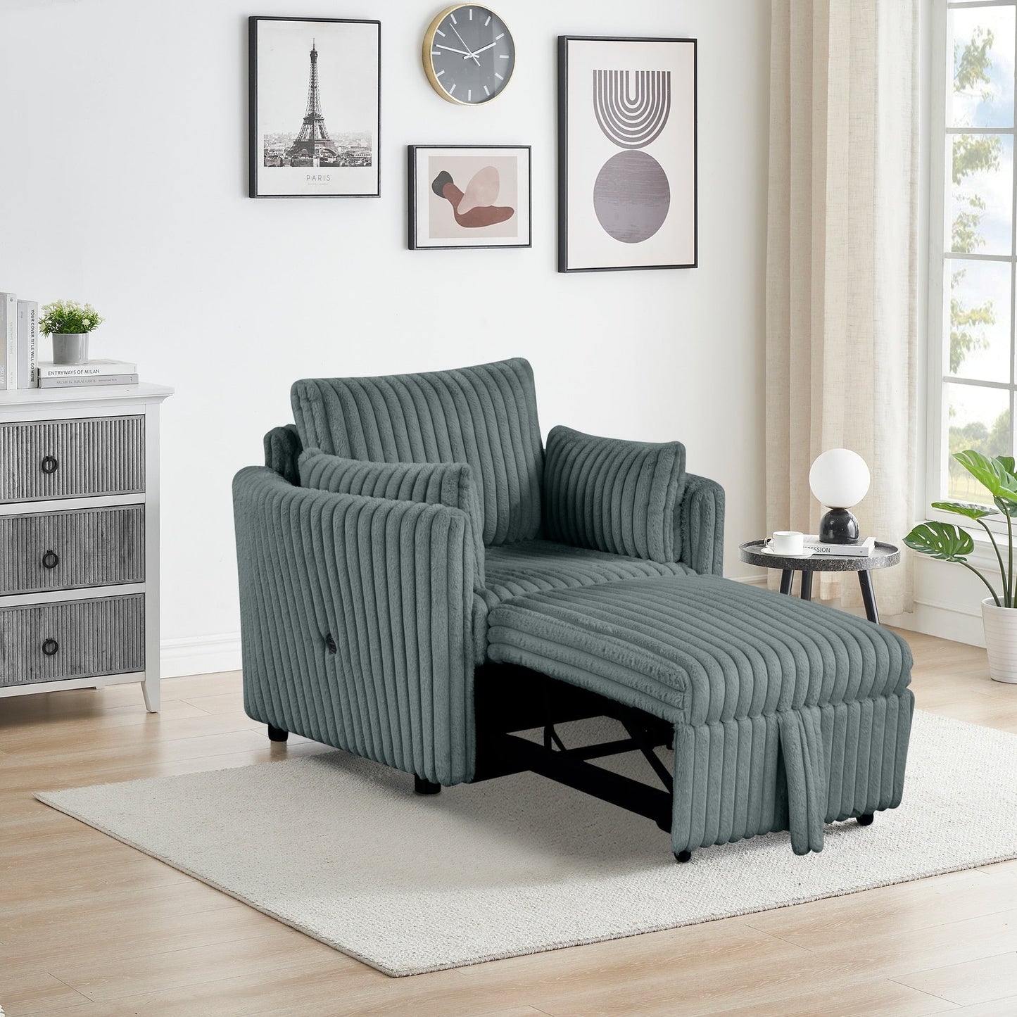 Divano letto singolo moderno in tessuto con USB e 2 cuscini