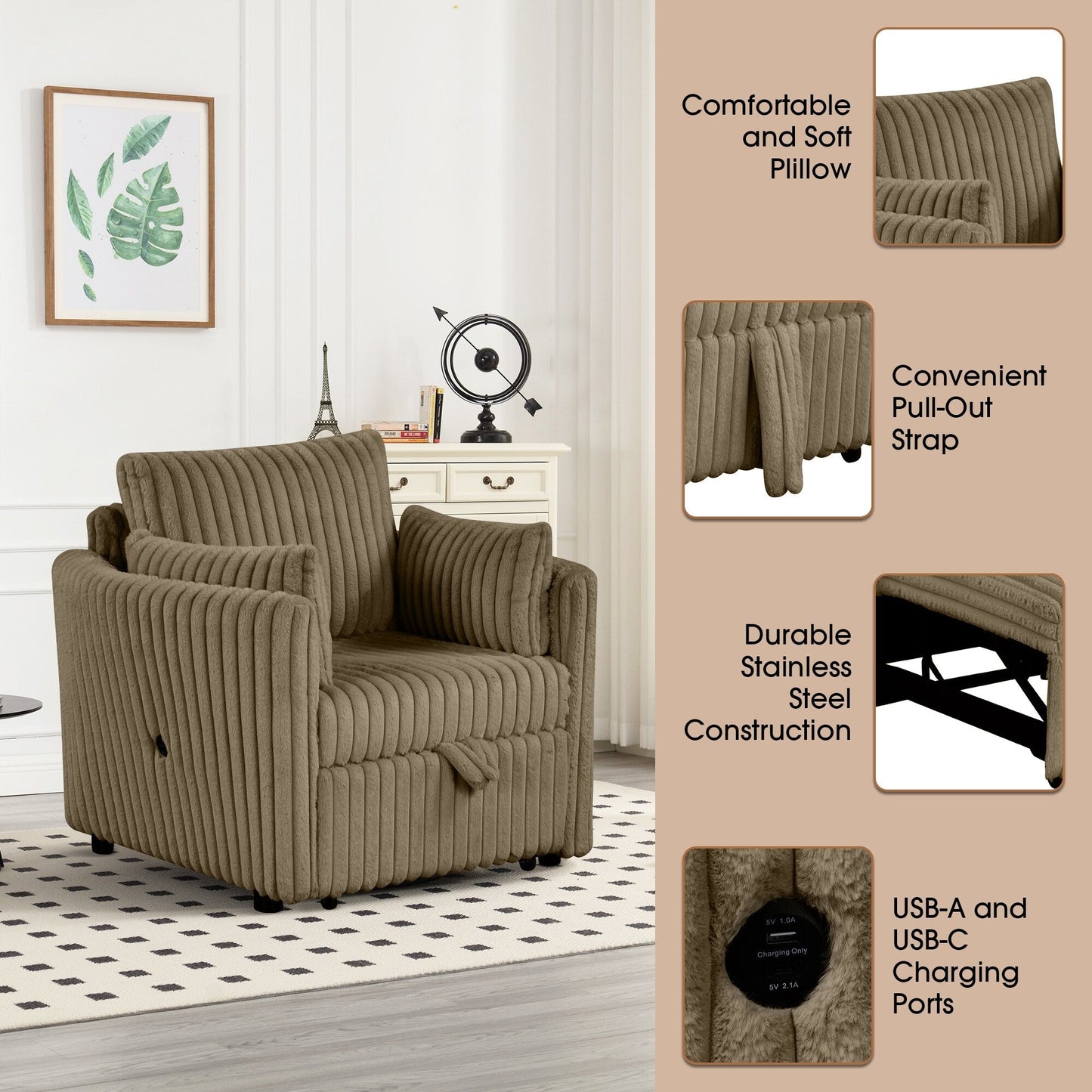 Divano letto singolo moderno in tessuto con USB e 2 cuscini