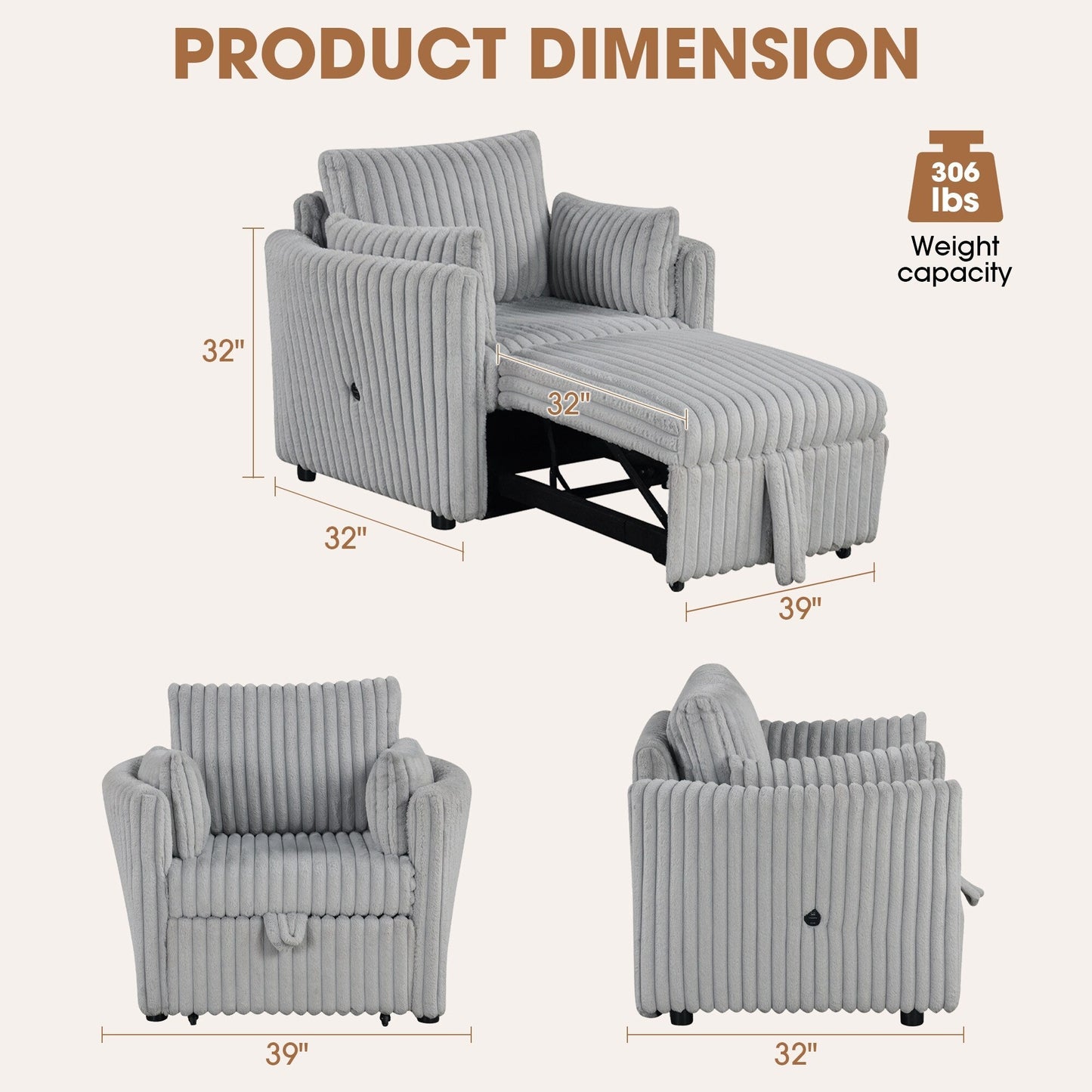 Divano letto singolo moderno in tessuto con USB e 2 cuscini