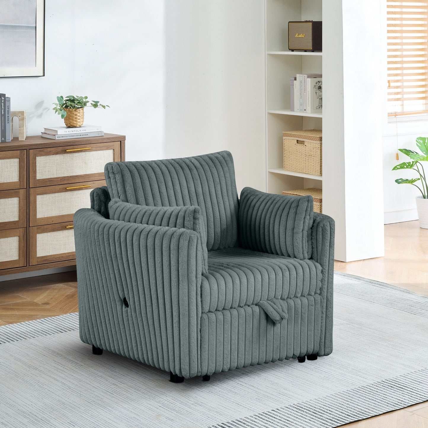 Divano letto singolo moderno in tessuto con USB e 2 cuscini