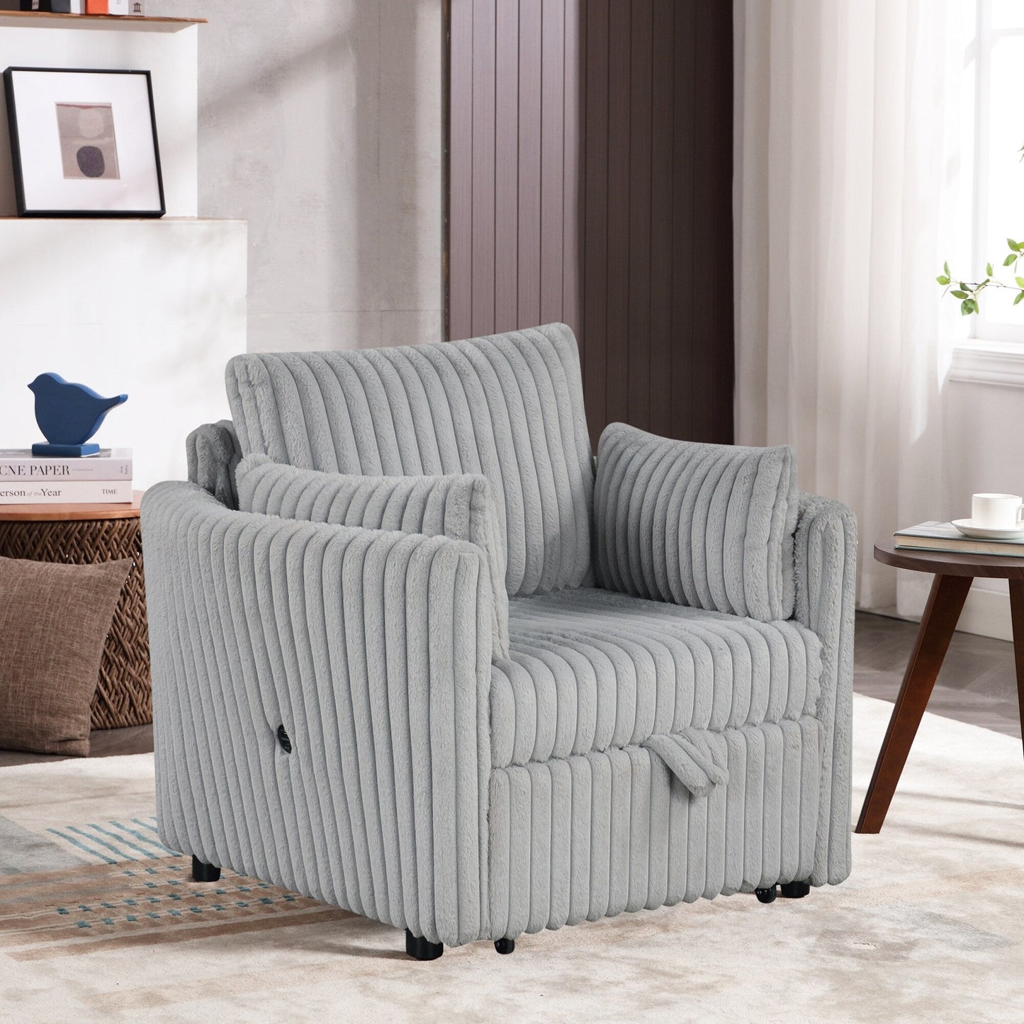 Divano letto singolo moderno in tessuto con USB e 2 cuscini