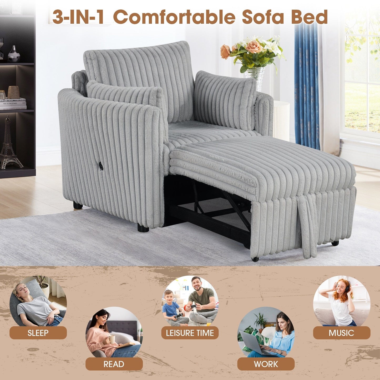 Divano letto singolo moderno in tessuto con USB e 2 cuscini