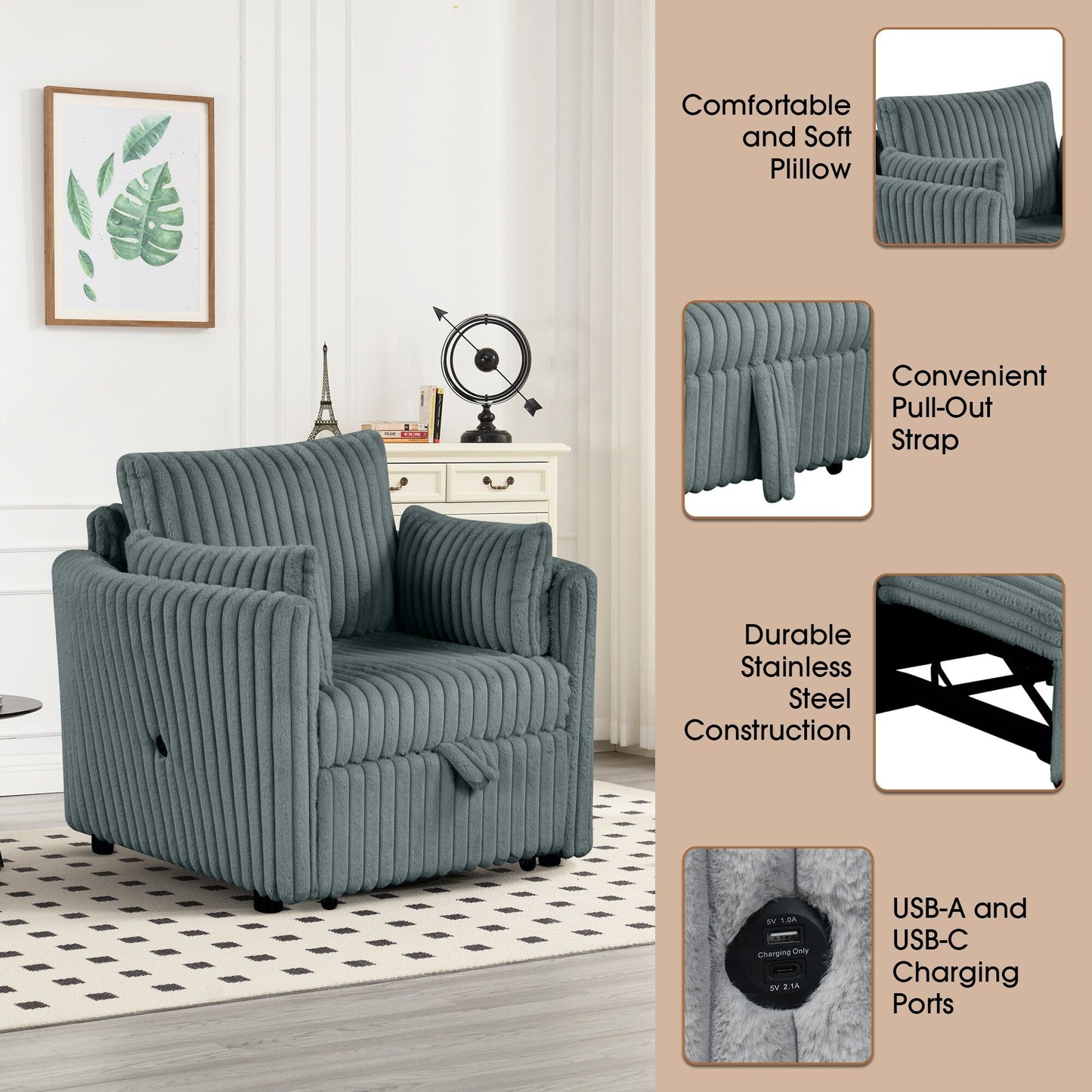 Divano letto singolo moderno in tessuto con USB e 2 cuscini