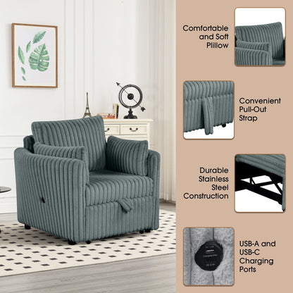 Divano letto singolo moderno in tessuto con USB e 2 cuscini