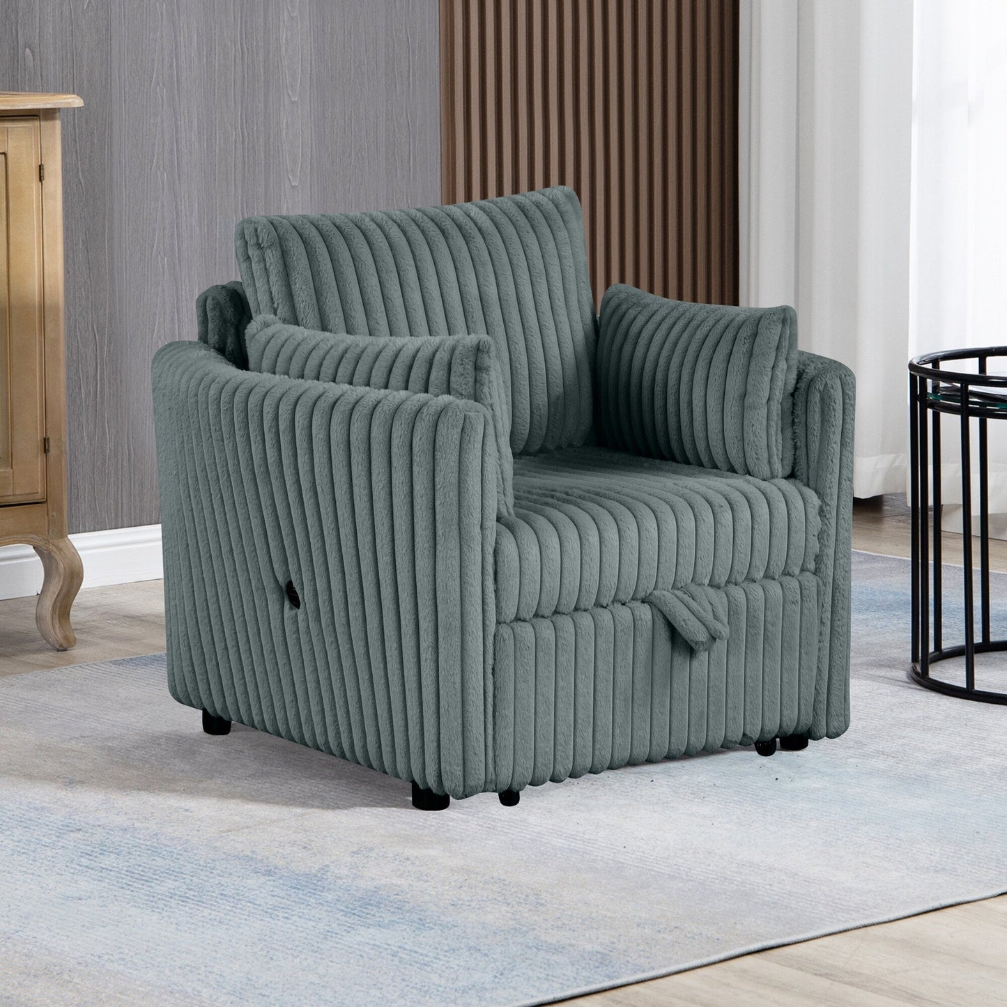 Divano letto singolo moderno in tessuto con USB e 2 cuscini