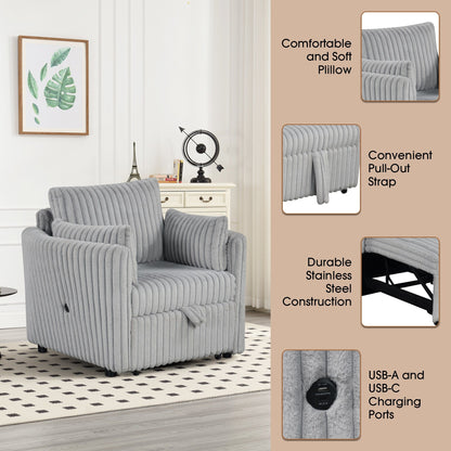 Divano letto singolo moderno in tessuto con USB e 2 cuscini