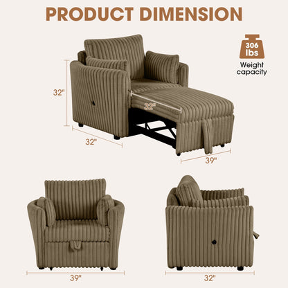 Divano letto singolo moderno in tessuto con USB e 2 cuscini