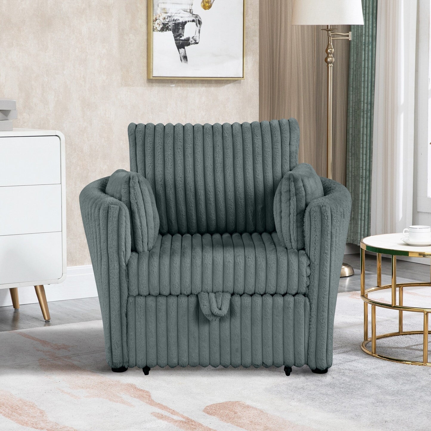 Divano letto singolo moderno in tessuto con USB e 2 cuscini