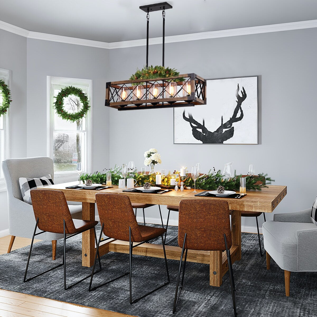 Lampadario moderno in stile rustico a 5 luci in legno rettangolare con semi in vetro per isola cucina, sala da pranzo - 31,5 L x 8,75 P x 8 A