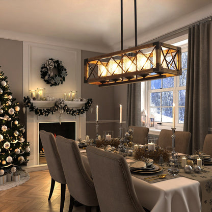 Lampadario moderno in stile rustico a 5 luci in legno rettangolare con semi in vetro per isola cucina, sala da pranzo - 31,5 L x 8,75 P x 8 A