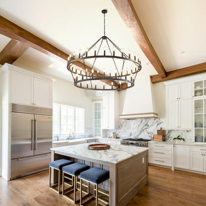 Lampadario moderno in stile fattoria, lampadario a ruota di carro rotondo a 2 livelli, grande lampadario alto da soffitto.