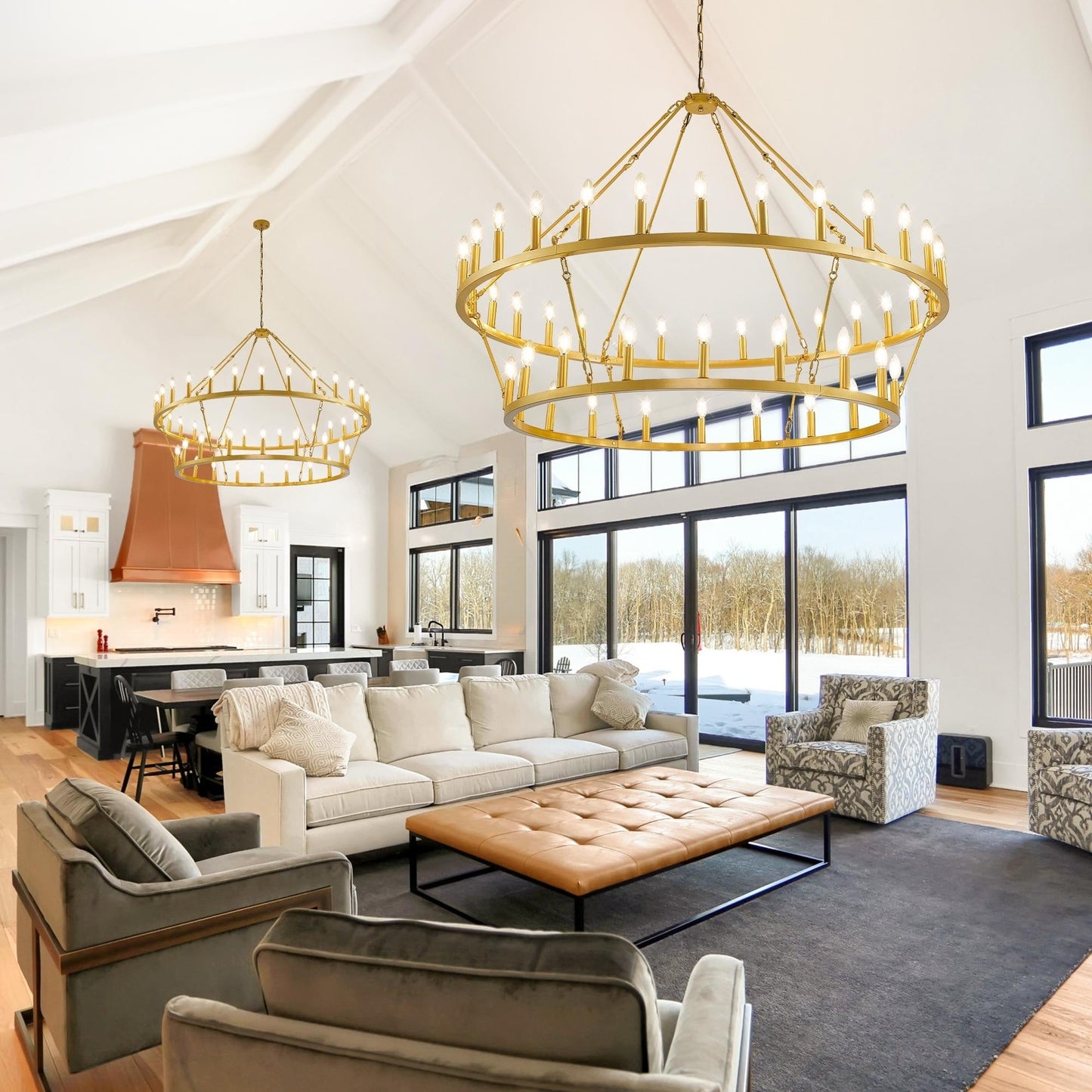 Lampadario moderno in stile fattoria, lampadario a ruota di carro rotondo a 2 livelli, grande lampadario alto da soffitto.