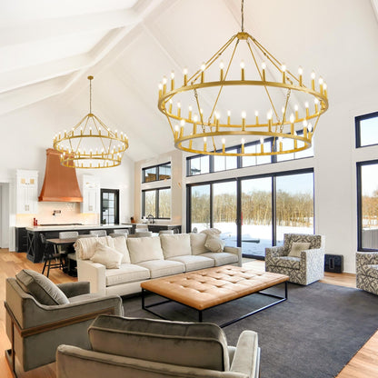 Lampadario moderno in stile fattoria, lampadario a ruota di carro rotondo a 2 livelli, grande lampadario alto da soffitto.