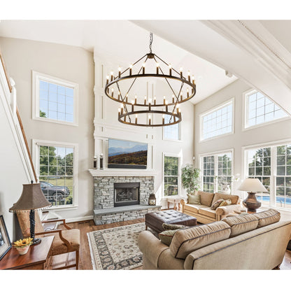 Lampadario moderno in stile fattoria, lampadario a ruota di carro rotondo a 2 livelli, grande lampadario alto da soffitto.