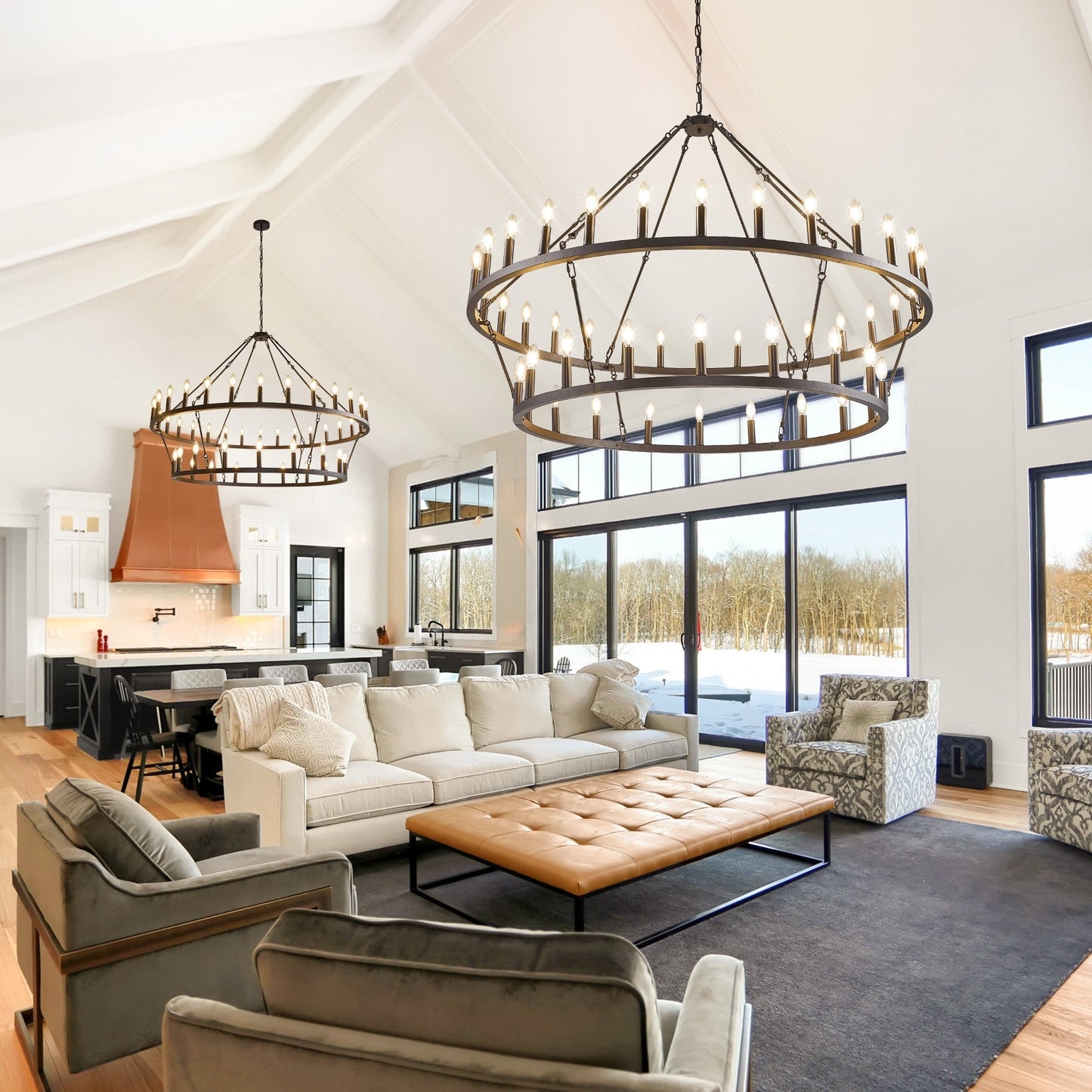 Lampadario moderno in stile fattoria, lampadario a ruota di carro rotondo a 2 livelli, grande lampadario alto da soffitto.