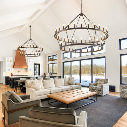 Lampadario moderno in stile fattoria, lampadario a ruota di carro rotondo a 2 livelli, grande lampadario alto da soffitto.