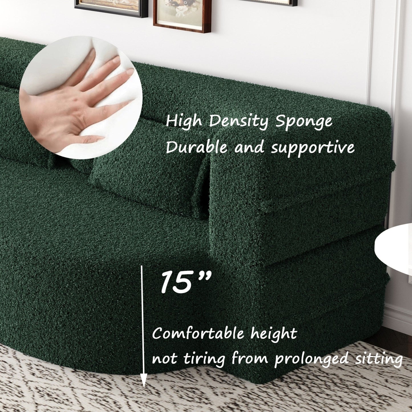 Divano letto moderno con 2 cuscini, imbottito in schiuma