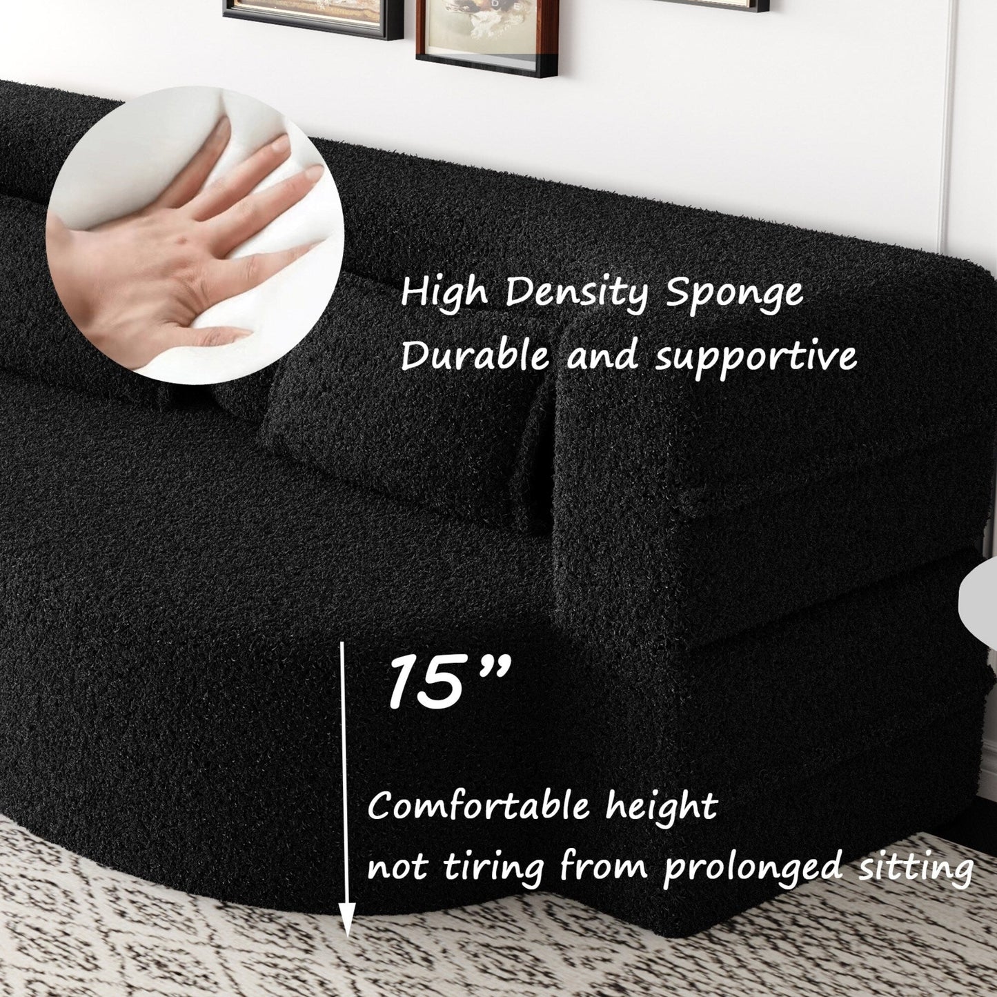 Divano letto moderno con 2 cuscini, imbottito in schiuma