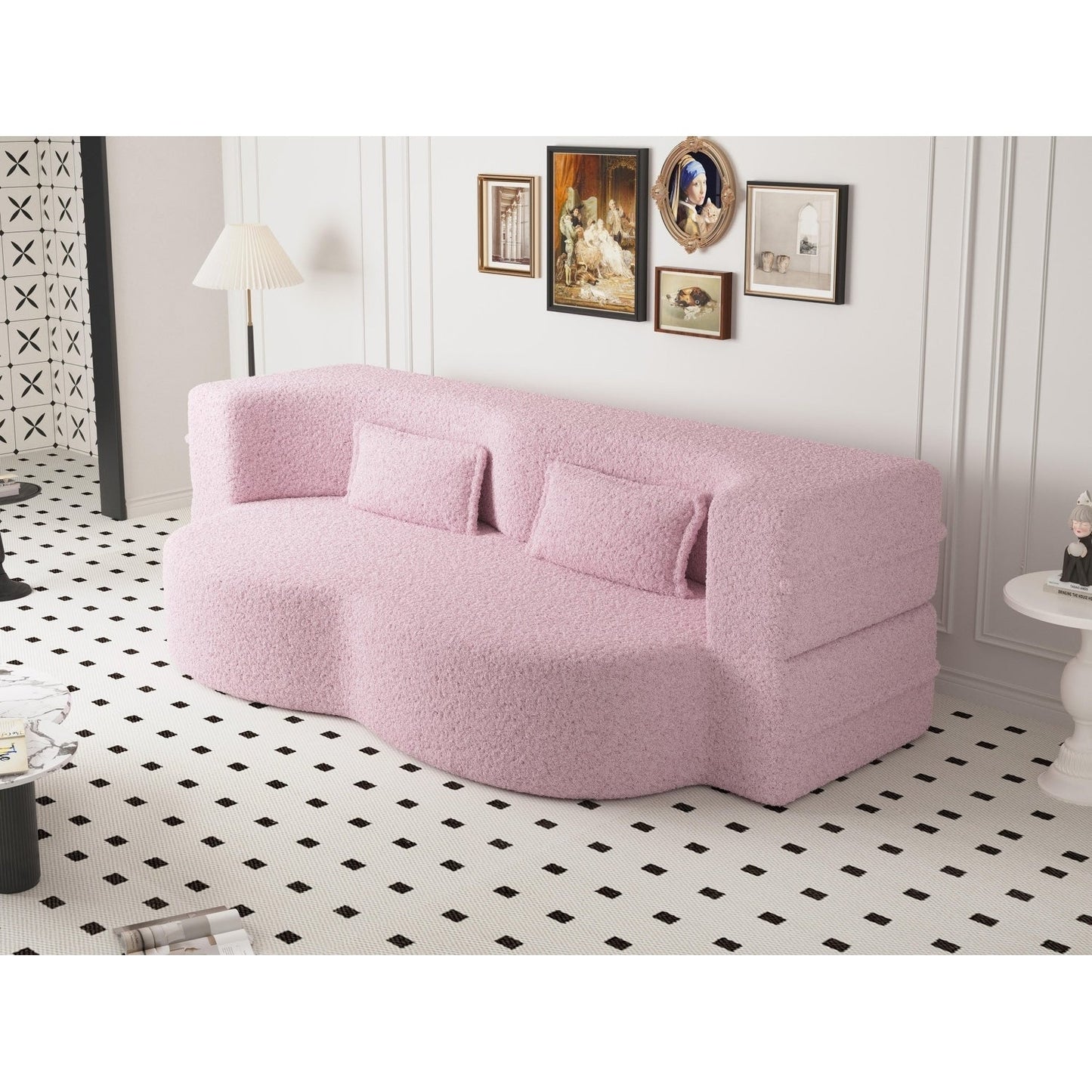 Divano letto moderno con 2 cuscini, imbottito in schiuma