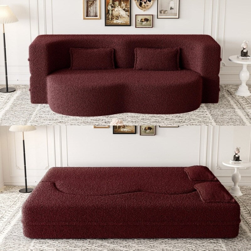 Divano letto moderno con 2 cuscini, imbottito in schiuma