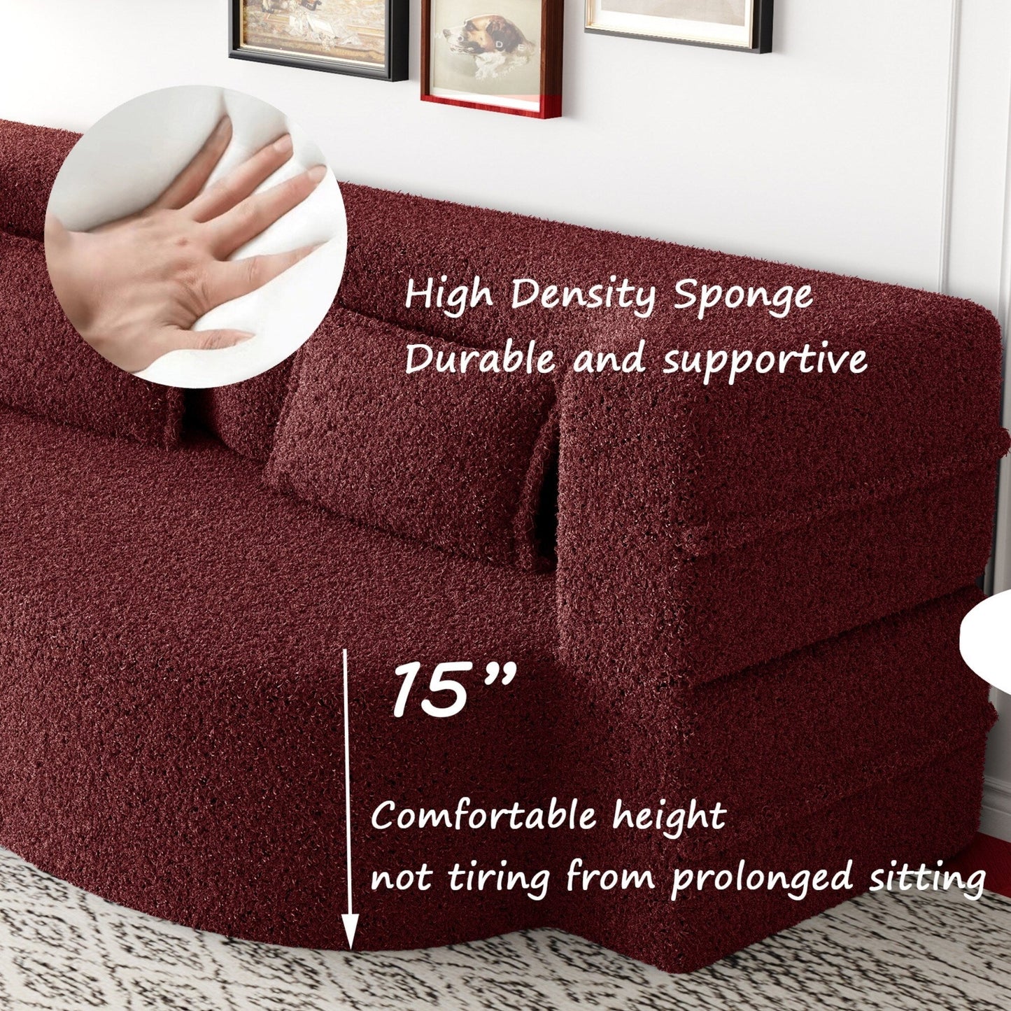 Divano letto moderno con 2 cuscini, imbottito in schiuma