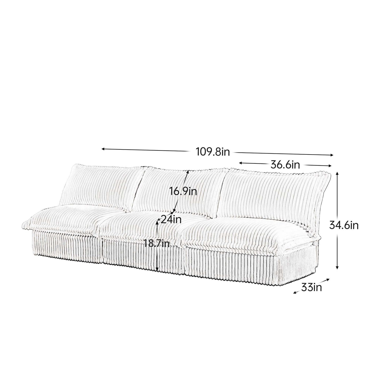 Divano moderno a 3 posti in velluto a coste componibile senza braccioli