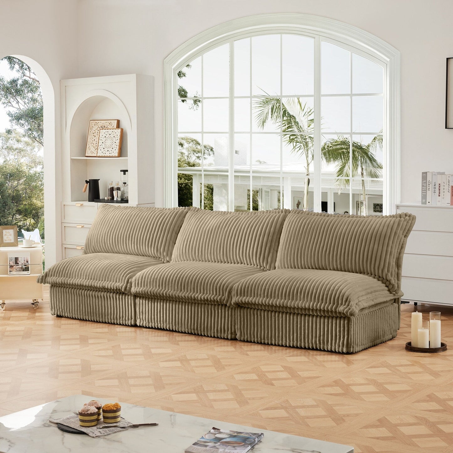 Divano moderno a 3 posti in velluto a coste componibile senza braccioli