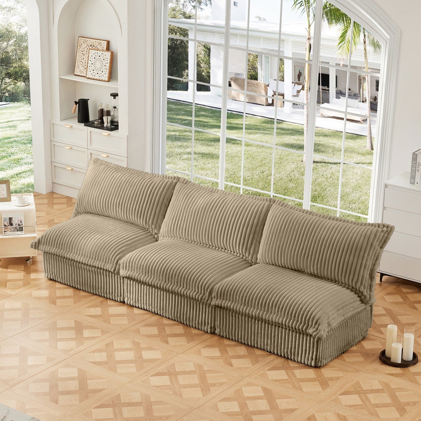 Divano moderno a 3 posti in velluto a coste componibile senza braccioli