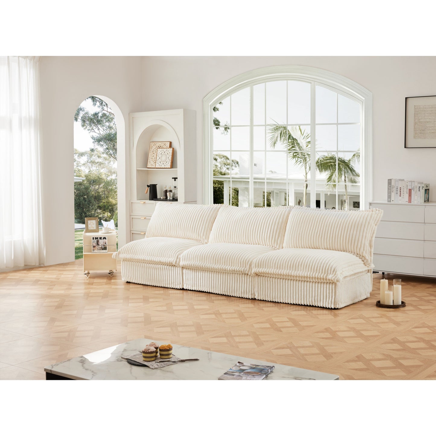 Divano moderno a 3 posti in velluto a coste componibile senza braccioli