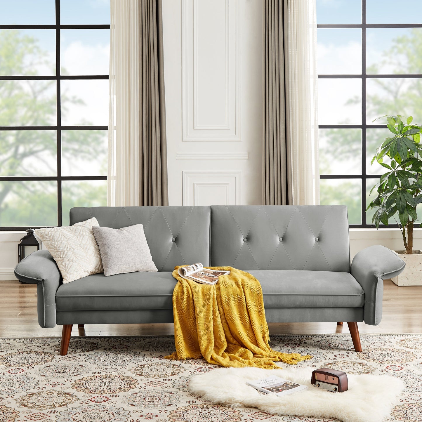 Divano letto futon moderno, divano letto trasformabile con gambe in legno affusolate, 78,35 L, piccolo divano con schienale diviso per soggiorno