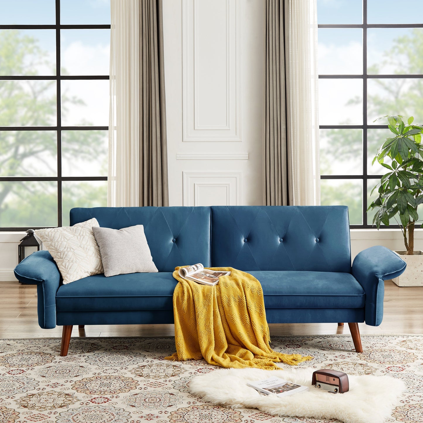 Divano letto futon moderno, divano letto trasformabile con gambe in legno affusolate, 78,35 L, piccolo divano con schienale diviso per soggiorno