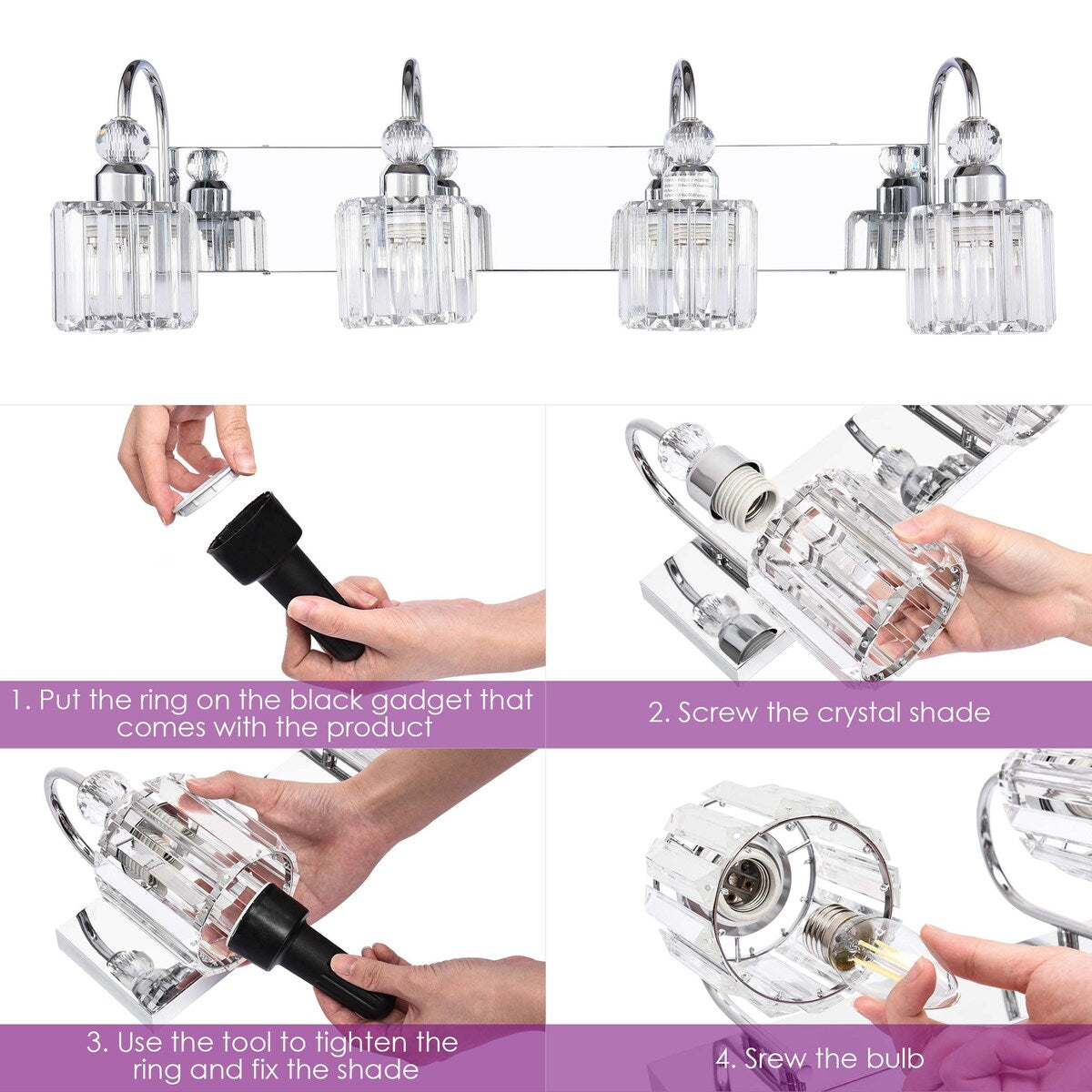 Lampada da parete lineare da bagno dimmerabile moderna Glam Crystal a 3/4 luci