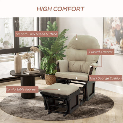 Poltrona a dondolo moderna Glider con rivestimento in lino, pouf abbinato, imbottitura e base in legno