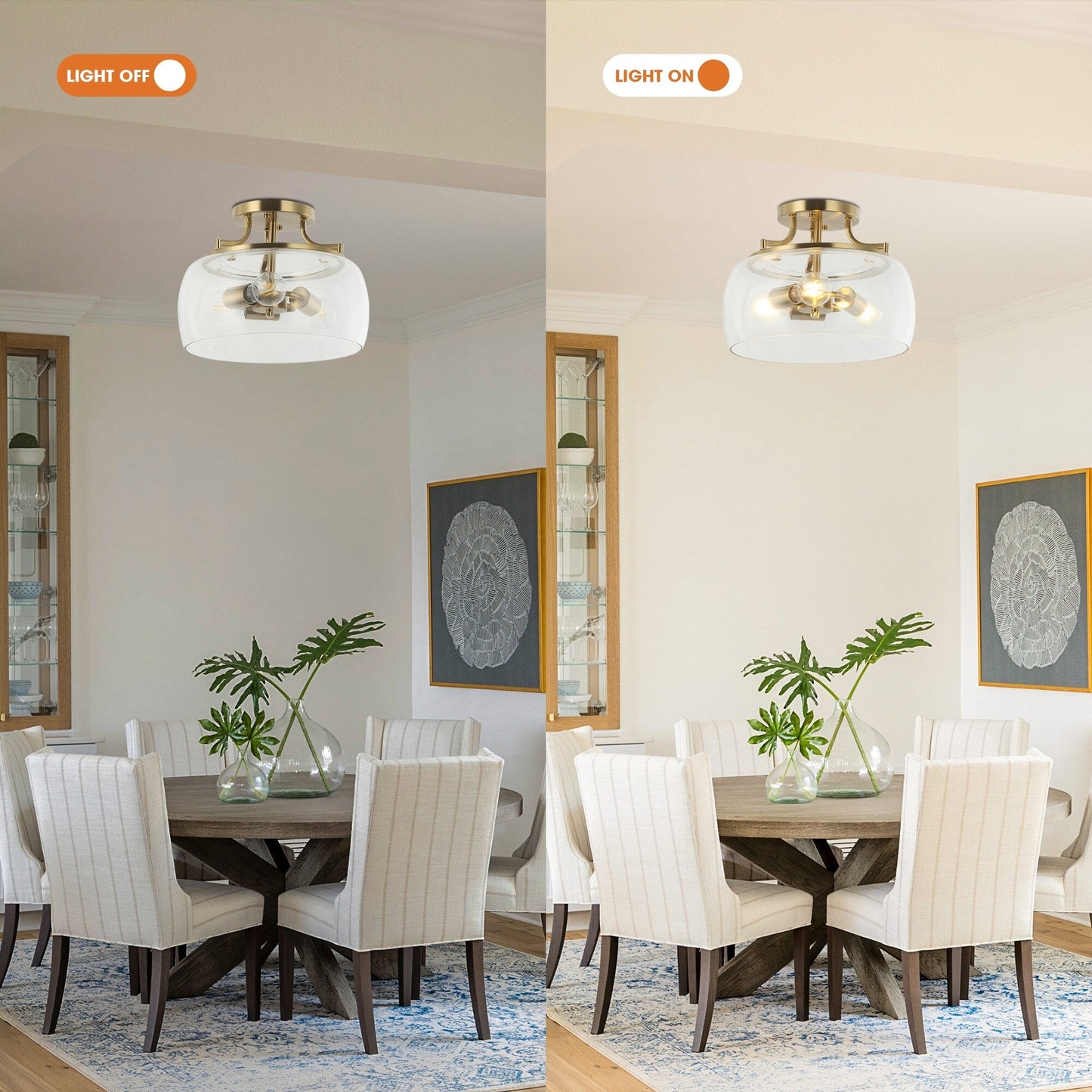 Plafoniera moderna in vetro dorato a 3 luci con montaggio a semi-incasso