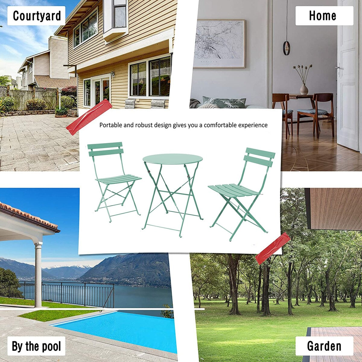 Set da bistrot pieghevole in metallo da 3 pezzi, set da conversazione per esterni/interni resistente alle intemperie per patio, cortile, giardino