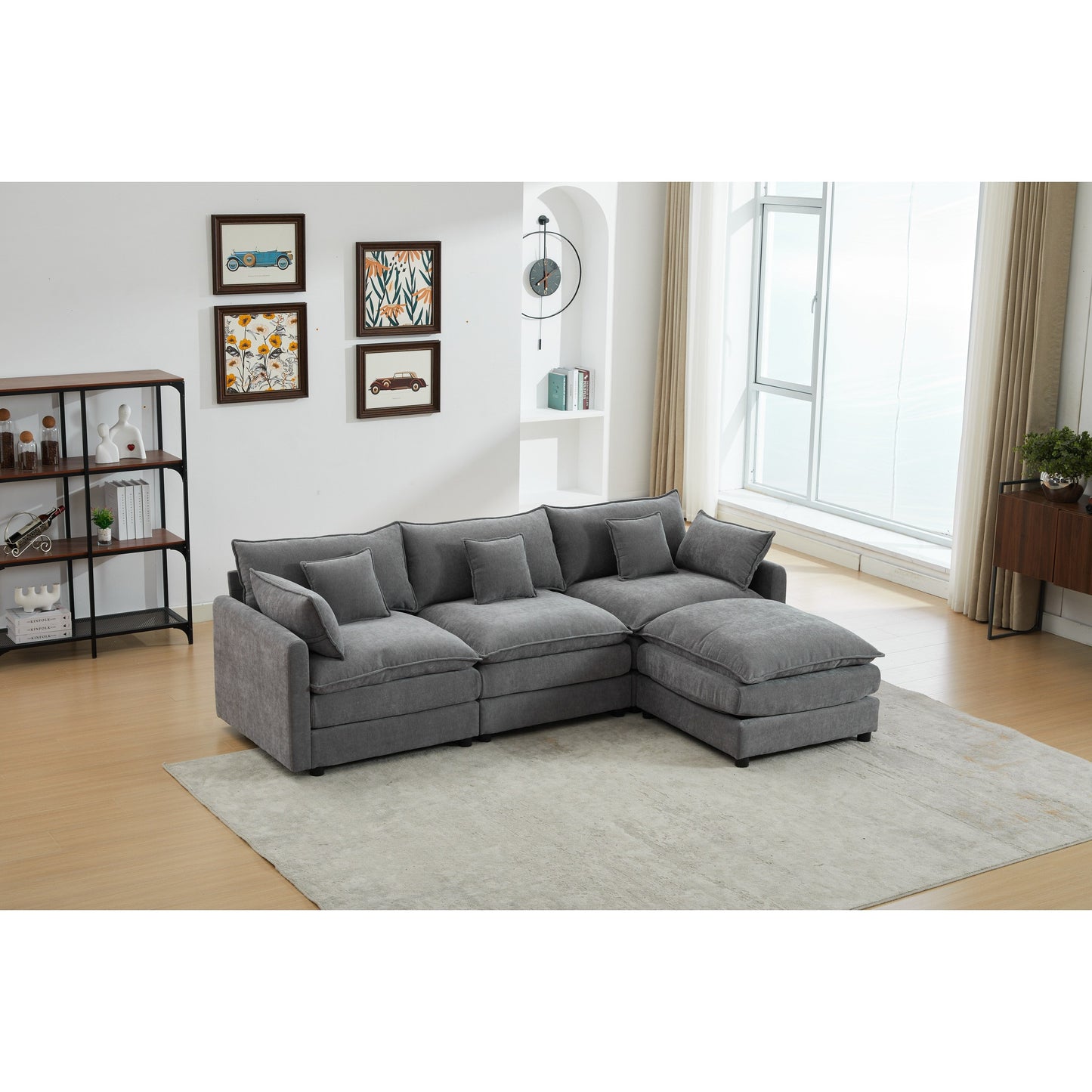 Divano componibile modulare moderno a 3 posti a forma di L con pouf rimovibile per soggiorno e appartamento