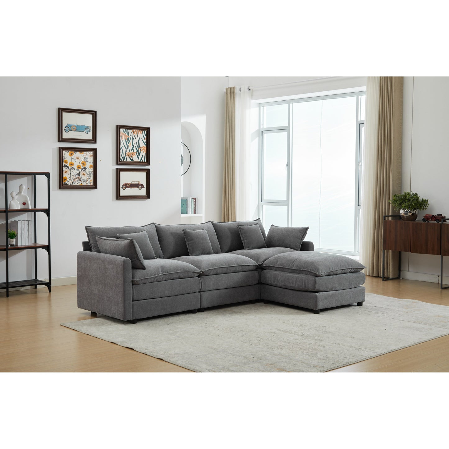 Divano componibile modulare moderno a 3 posti a forma di L con pouf rimovibile per soggiorno e appartamento