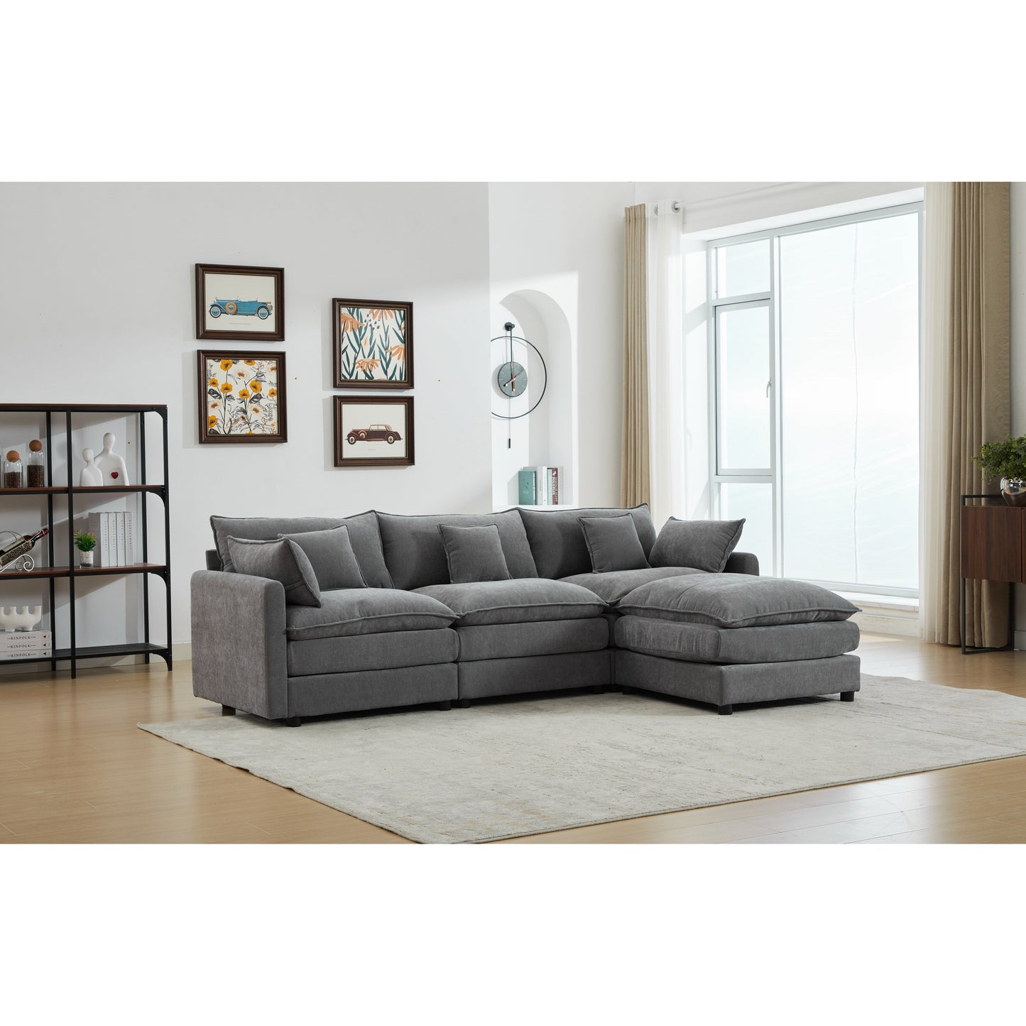 Divano componibile modulare moderno a 3 posti a forma di L con pouf rimovibile per soggiorno e appartamento