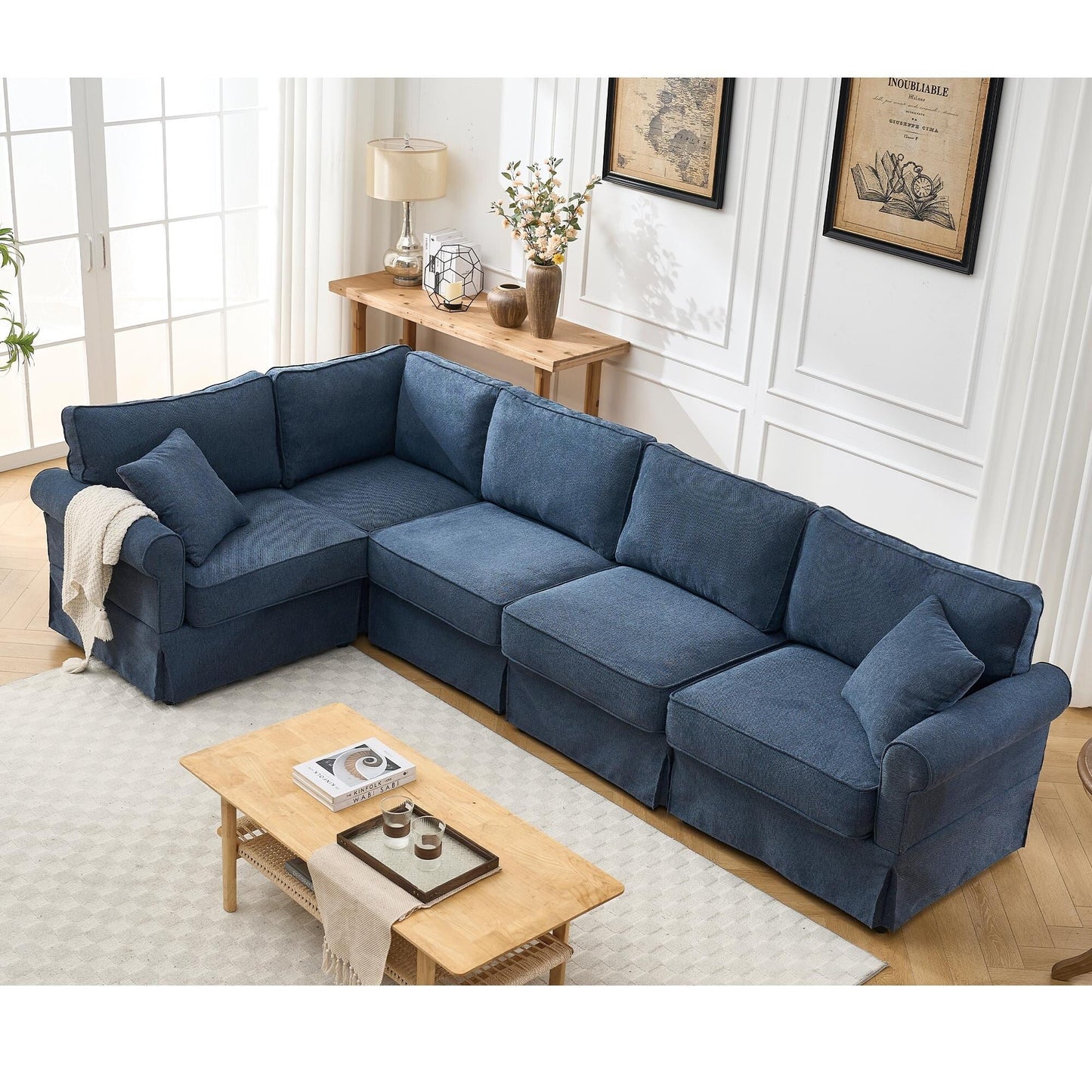 Divano angolare moderno a forma di L, reversibile, a 5 posti, con braccioli arrotolati, per soggiorno e appartamento