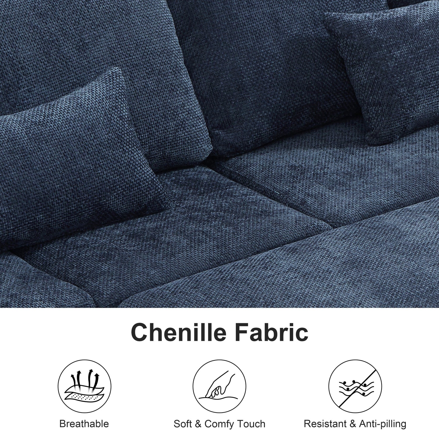 Divano componibile moderno a L in ciniglia con divano letto estraibile, sedute contenitore, pouf e 2 cuscini per soggiorno