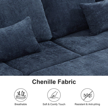 Divano componibile moderno a L in ciniglia con divano letto estraibile, sedute contenitore, pouf e 2 cuscini per soggiorno