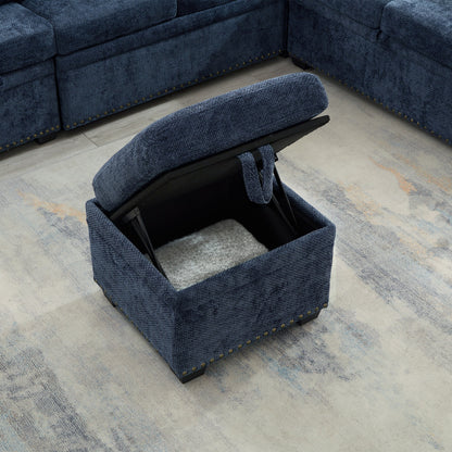 Divano componibile moderno a L in ciniglia con divano letto estraibile, sedute contenitore, pouf e 2 cuscini per soggiorno