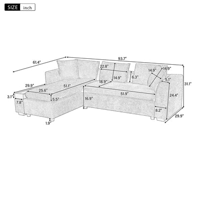 Divano componibile moderno a L in ciniglia con vano portaoggetti in legno e cuscini coordinati per il soggiorno