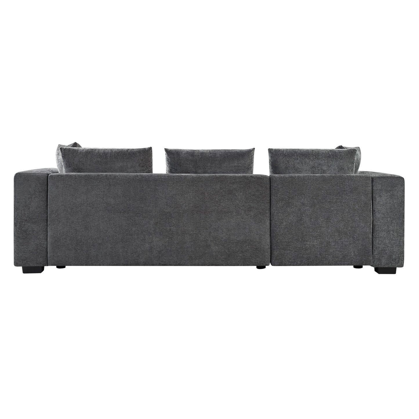 Divano componibile moderno a L in ciniglia con vano portaoggetti in legno e cuscini coordinati per il soggiorno