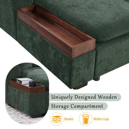 Divano componibile moderno a L in ciniglia con vano portaoggetti in legno e cuscini coordinati per il soggiorno