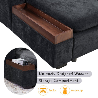 Divano componibile moderno a L in ciniglia con vano portaoggetti in legno e cuscini coordinati per il soggiorno